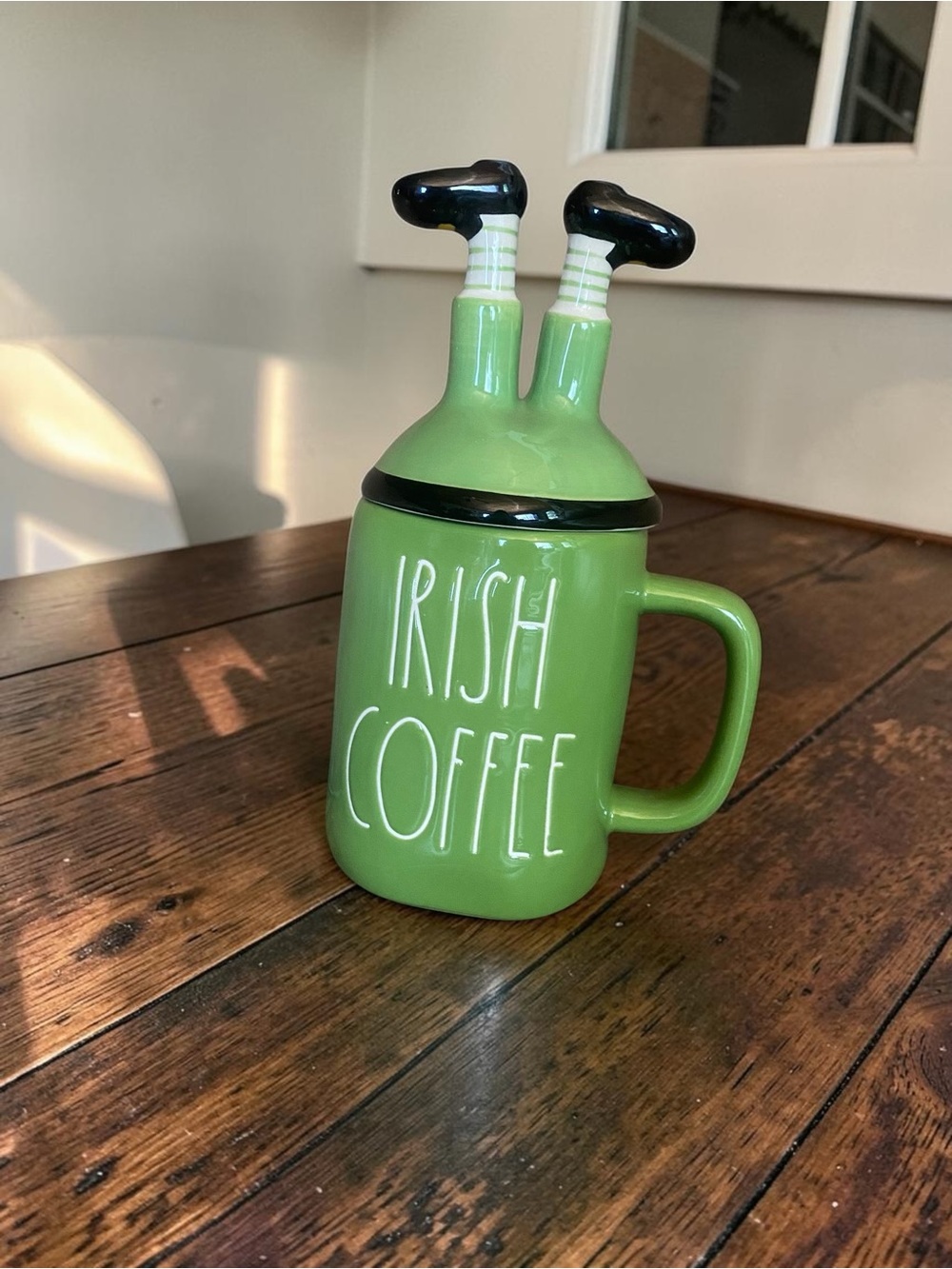 Rae Dunn Irish Coffee Green Ceramic Mug with leprechaun legs topper NWOT